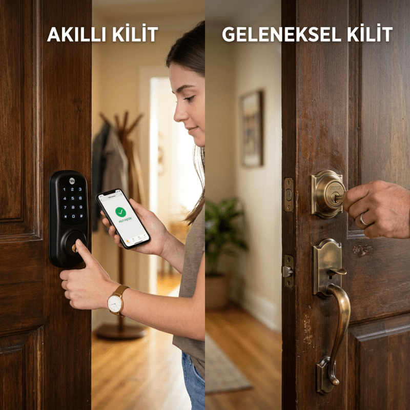 Left side: person unlocking a smart door lock with smartphone; right side: hand using key to unlock traditional door lock